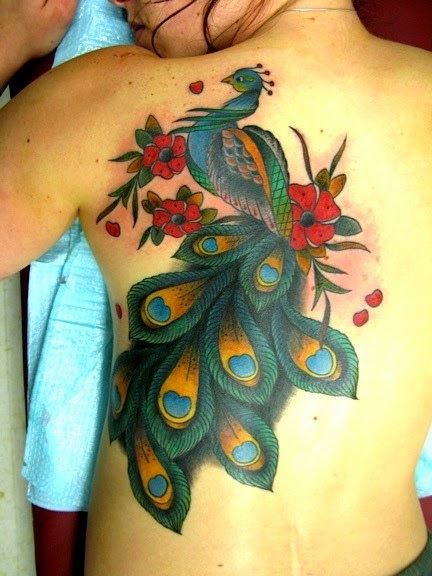 Peacock Tattoo Designs on Women Back, Women Back Peacock Design Tattoo, Peacock Feather Birds Tattoos, Women, Parts,