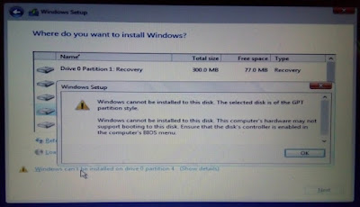 cara mengatasi Windows cannot be installed to this disk. The selected disk is of the GPT partition style
