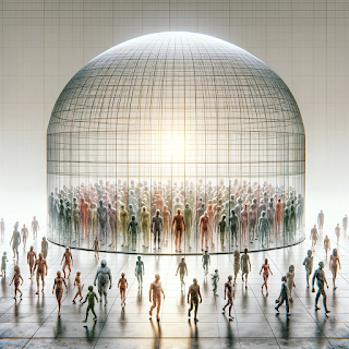 Conceptual representation of diverse human population within transparent walls, symbolizing the 'Evolutionary Cage' limiting rapid evolutionary changes.