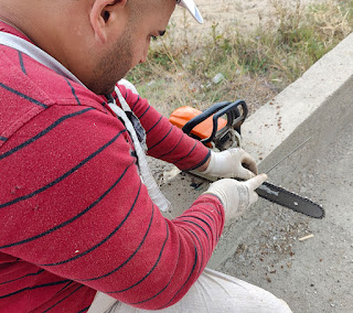 Halil sharpening the chainsaw