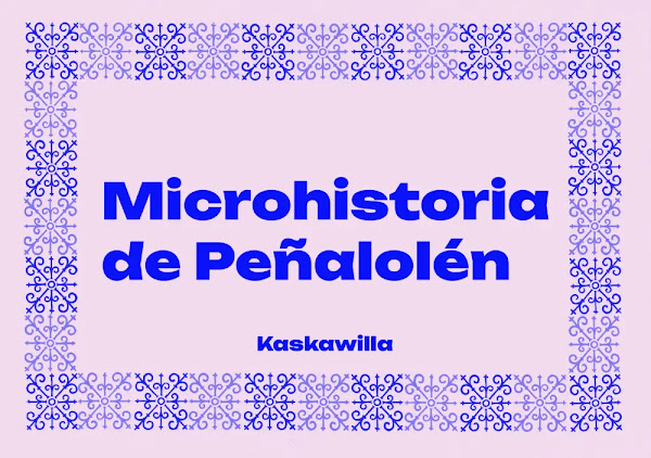 En background rosado, filigrana azul cerca del borde formando un camino rectangular. Text en azul: Microhistoria de Peñalolén Kaskawilla