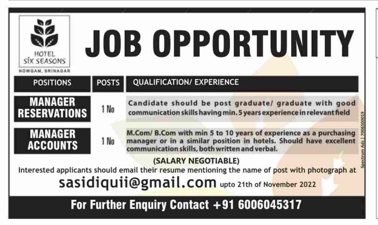 Job Opportunity At Hotel Six Seasons Srinagar – Apply For Manager Accounts, Manager Reservations Posts
