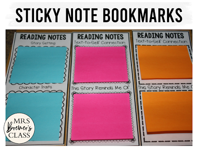 Sticky Note Bookmarks students use to take notes during reading with editable options for Kindergarten First Grade and Second Grade