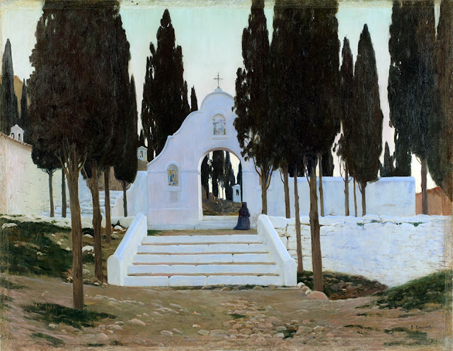 Calvario de Sagunto con cipreses, Jardín con surtidor, Santiago Rusiñol y Prats, Pintor español, Jardines y Parques, Paisajes de Santiago Rusiñol, Pintores Catalanes, Pintura española, Jardines de Aranjuez, Jardines de españa, Paisajes de Santiago Rusiñol, Alejandro Cabeza