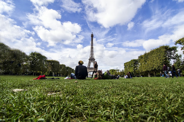 People sitting on grass at Champ de Mars in Paris
