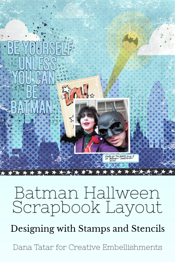 Batman and Joker Halloween scrapbook layout with stenciling, stamping, and chipboard.