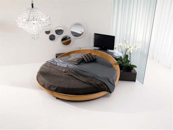 round black leather wooden beds