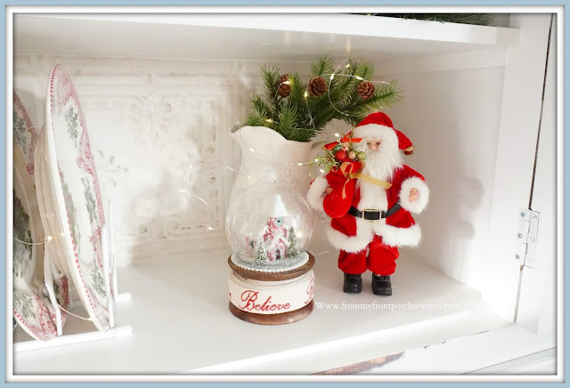 French -Farmhouse -Cottage- White -Dining- Room- Cabinet-Christmas- Vignettes-Santa-Claus-Ironstone-From My Front Porch To Yours