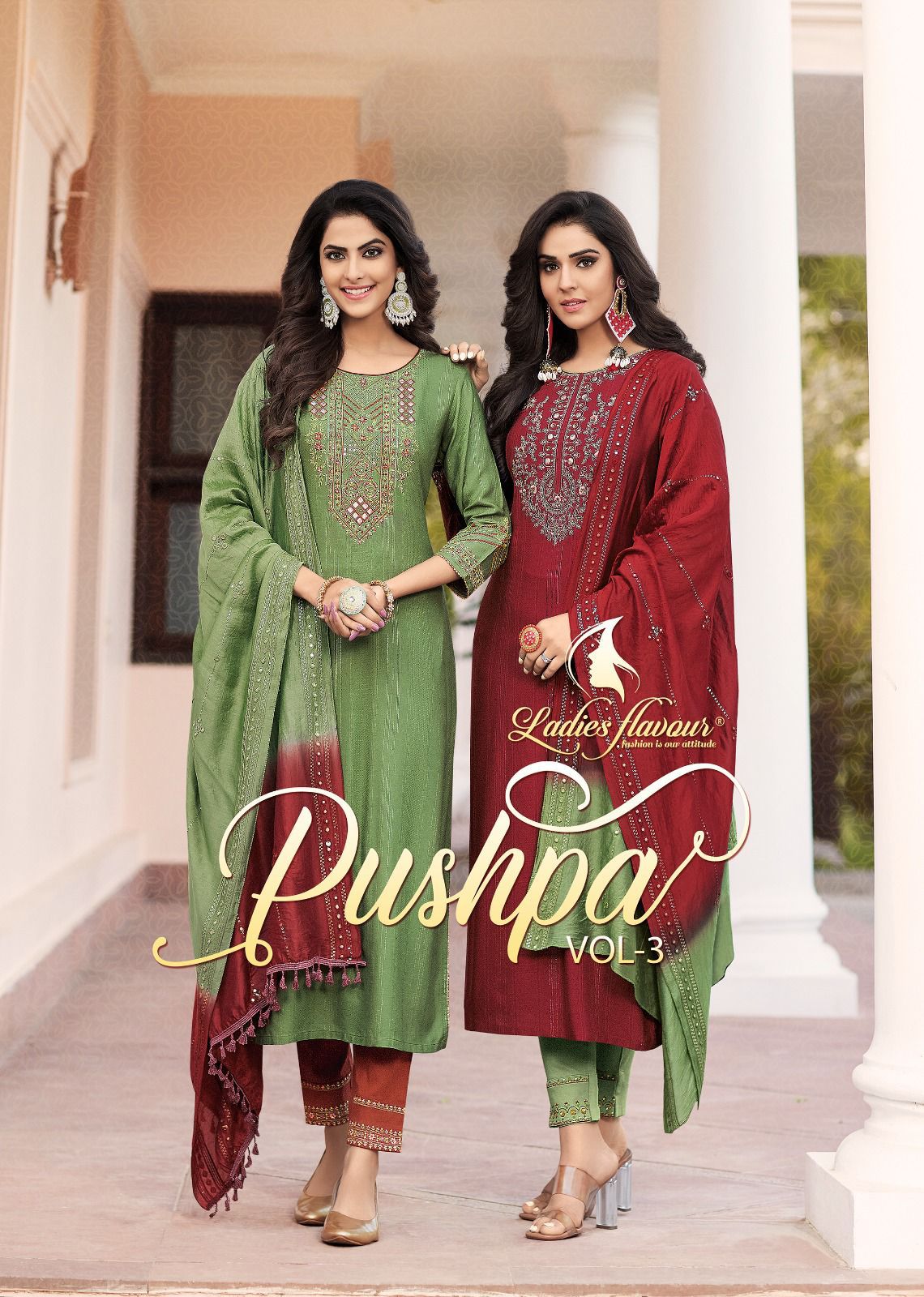 Pushpa Vol 3 Ladies Flavour Rayon Viscose Khatli Work Readymade Pant Style Suits