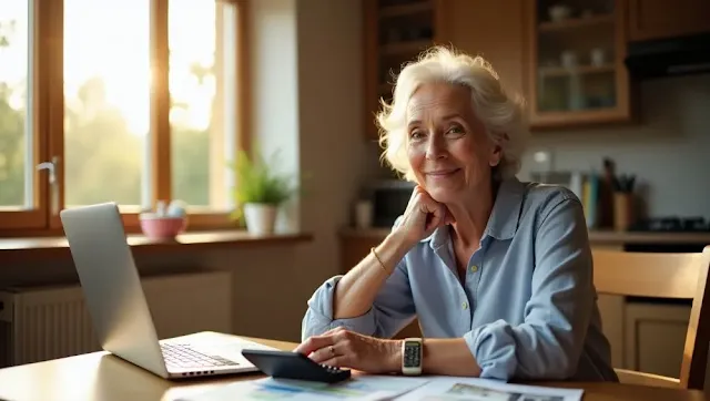 A 55-year-old woman sitting at a table with a calculator and home listings, considering buying a rental property over stock market investments