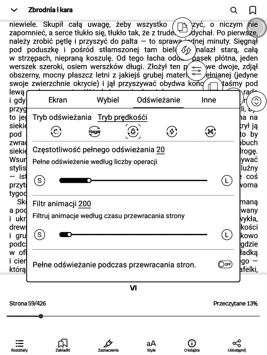 Ustawienia optymalizacji aplikacji w Onyx Boox Leaf – karta Odświeżanie