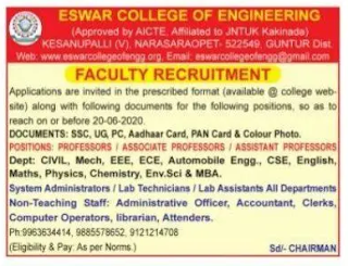 Guntur, Eswar College Of Engineering Professor, Assistant Professor Faculty Jobs 2020