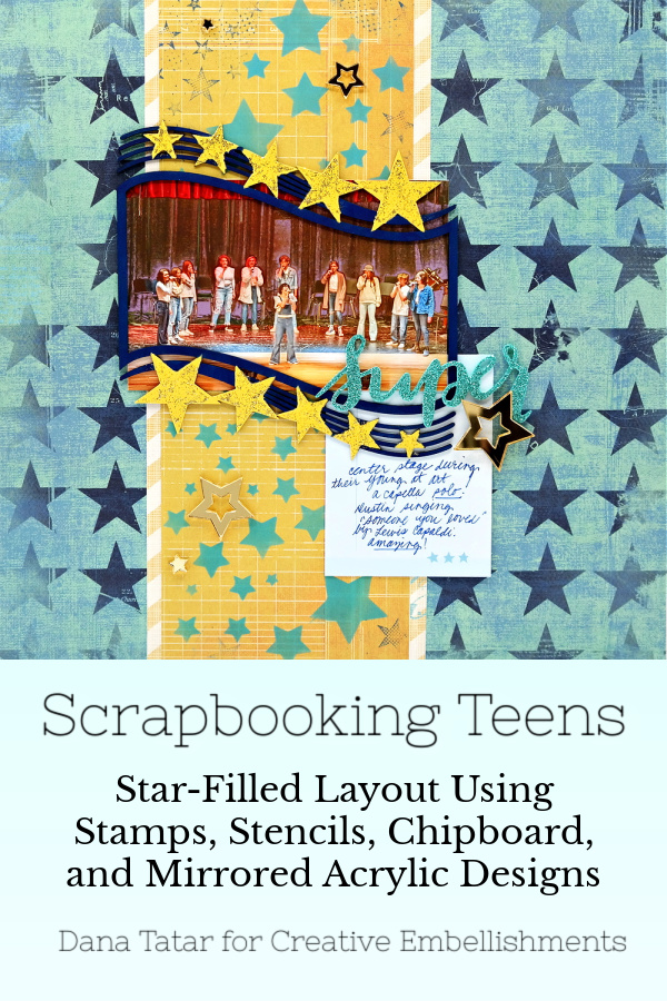 A Capella Performance Mixed Media Scrapbook Layout with Chipboard Star Photo Frame and Stenciled, Stamped and Mirrored Acrylic Stars