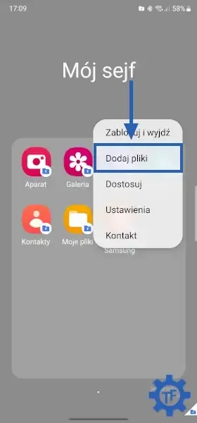 Przycisk dodaj pliki w sejfie Samsung