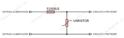 Instalación típica de un varistor en un circuito electrónico.