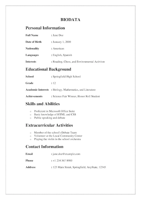 student biodata format sample