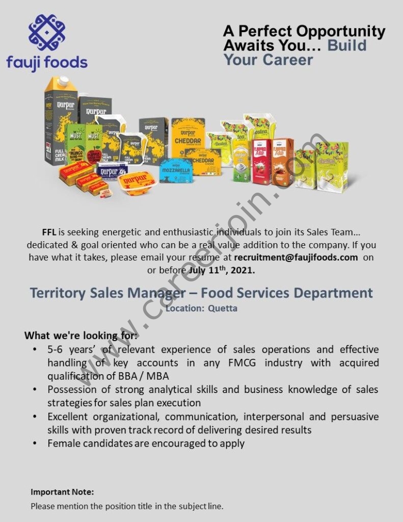 Fauji Foods Ltd Jobs Territory Sales Manager