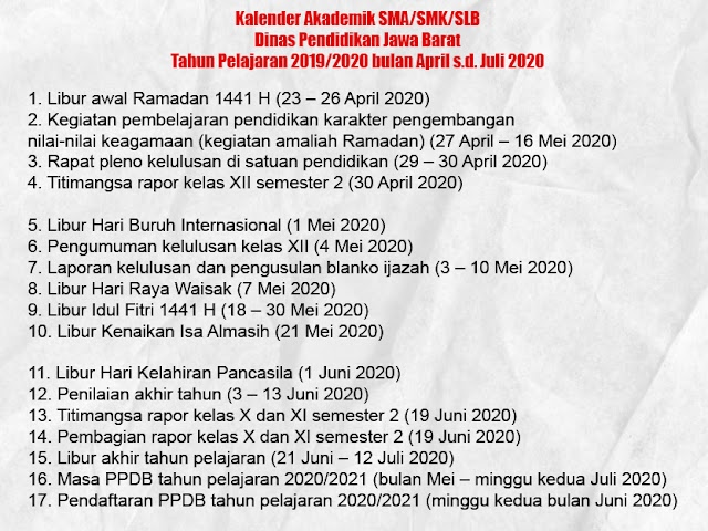 Kalender Akademik SMA/SMK di Jawa Barat Tahun Pelajaran 2019/2020 Bulan April - Juli 2020