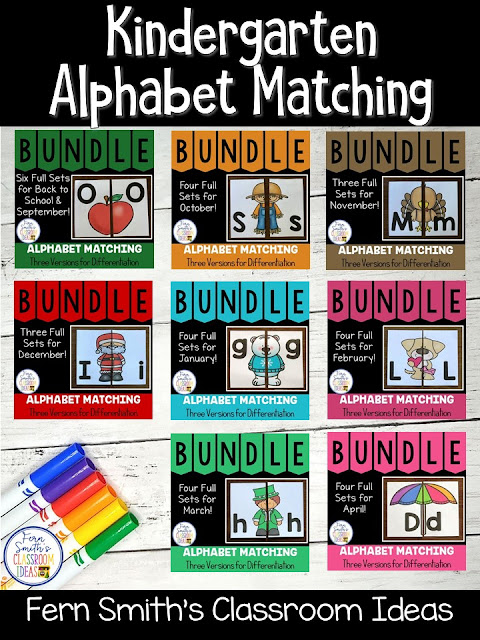 You can click on the picture or the caption below it to arrive at my TpT store already sorted for the grade level items you want for your class. Seasonal Alphabet Matching Centers for your Pre-K, Kindergarten, and First Grade Students. #FernSmithsClassroomIdeas