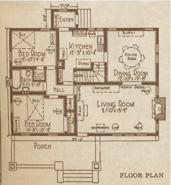 Sepia toned catalog image of first floor floorplan, Sears Kilbourne, 1925