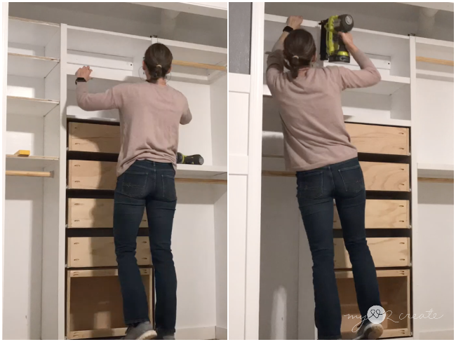 Adding trim to adjustable shelves in closet, MyLove2Create