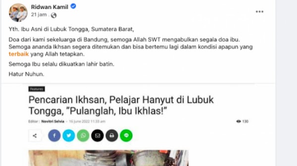 Ridwan Kamil Ucapkan Duka untuk Ibu di Padang yang Anaknya Hanyut
