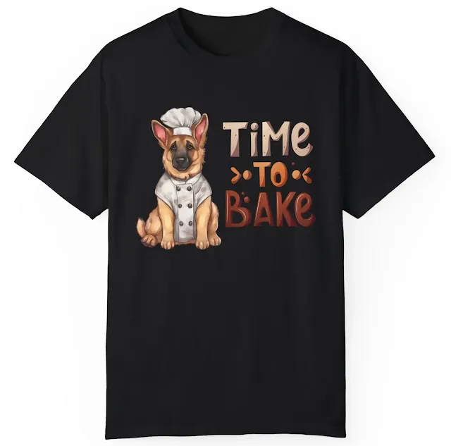 Garment Dyed T-Shirt for Men and Women With Graphic of Tan Color German Shepherd Wearing Chef Suit and Caption Time To Bake