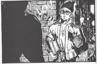 Young casually dressed man with glasses, a beany, and a crucifix necklace, clutching ancient tomes and scrolls in one hand and a backpack in another, is confronted by a dark silhouette, surrounded by empty city streets.