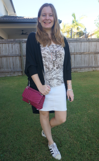 black cardigan, brown print tank, sneakers, white denim skirt and magenta crossbody bag outfit | awayfromblue