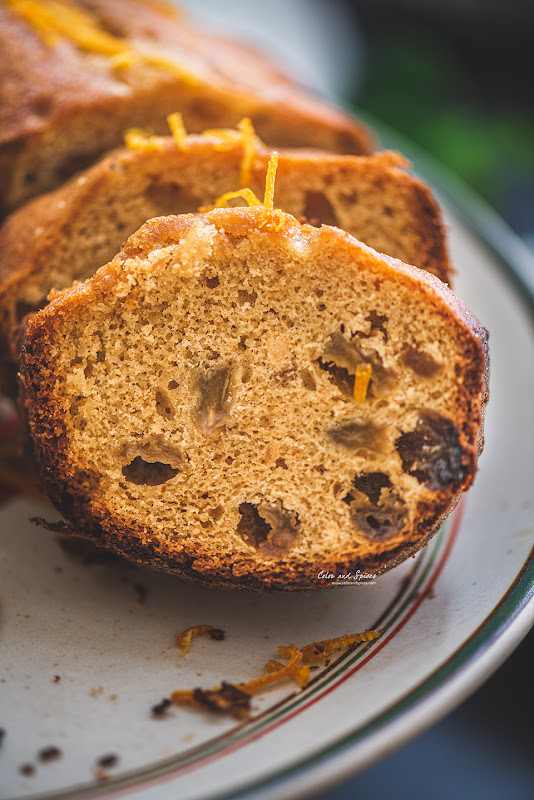 Rum raisin cake with orange glaze