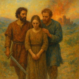 Dinah walks with her brothers after the fall of Shechem, protected and embraced in silence – 디나가 세겜의 파멸 이후 형제들에게 감싸이며 함께 걷는 장면