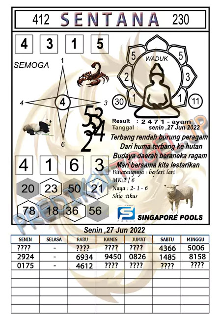 Pred Syair Sentana SGP Senin 27-Juni-2022