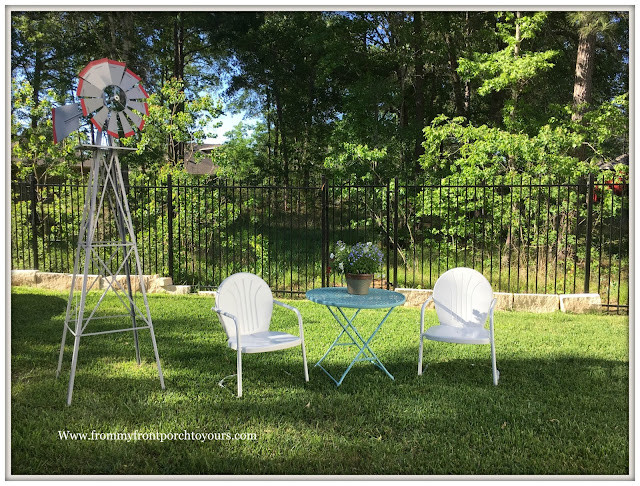 Backyard Landscape- Windmill-Vintage Patio Furniture-From My Front Porch To Yours