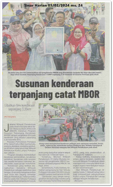 Susunan kenderaan terpanjang catat MBOR | Keratan akhbar Sinar Harian 5 Februari 2024