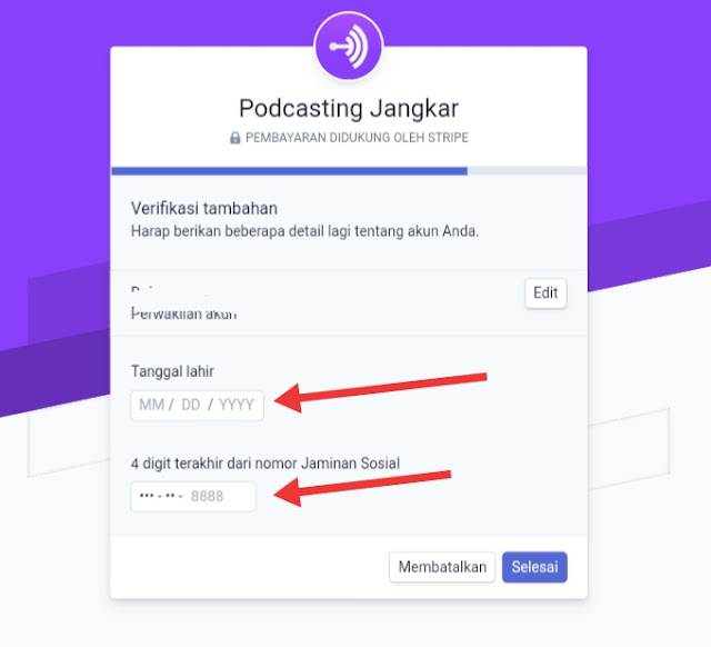 Langkah-langkah Cara Mencairkan Penghasilan Di Podcast Anchor Olahan Internet.Seiring Maraknya Pengguna Podcast Di Indonesia,kini Platform anchor sangat banyak digunakan sebagai Tempat untuk memproduksi conten mereka.Dimana kelebihan utama dari aplikasi podcast ini adalah sudah dilengkapi dengan fasilitas dalam meng edit audio, menyediakan Fitur kolaborasi chat jika ingin berkomunikasi dengan podcaster yang lain,Fitur rekaman audio yang sangat jernih secara real-time.ditambah lagi dengan efek selingan suara yang beragam jenis dan semua itu bisa di lakukan hanya dengan modal Android.nah kabar yang lebih segarnya lagi Podcast Anchor kini bisa dimonetisasi Di Indonesia.   Podcaster   Nah,bagi kamu pengguna aplikasi podcast yang satu ini yaitu Anchor FM yang bisa kamu download di playstore alangkah baiknya Simak Pembahasan Langkah-langkah Cara Mencairkan Penghasilan Di Anchor ke rekening lokal di Indonesia.    Cara mencarikan Uang dari Anchor akan Saya ulas secara Lengkap.bagi kamu yang sudah monetisasi Trafik Media Sosial menjadi Uang pada Platform yang Satu ini Yaitu Podcast di ancor saya yakin kamu pasti agak kesulitan,dimana Untuk menarik Penghasilan dari podcast ancor hanya bisa dilakukan Melalui Stripe.Dimana Stripe ini adalah alat Pembayaran Digital Online yang dimiliki oleh Negara As.Salah satu hambatan kita ketika sudah menghasilkan Dolar dari Anchor adalah sistem pencairan Pembayaran yang terbatas seperti yang saya sebut di atas.    Namun pada dasarnya meskipun kita sudah memiliki akun pembayaran stripe tidak juga secara otomatis pendapatan kita bisa masuk ke rekening lokal yang kita miliki seperti BRI,BNI,BCA,dll,karena pembayaran Akun stripe tidak memiliki routing number secara default seperti pada pengisian pembayaran di akun anchor.di Indonesia sendiri Kebanyakan bank Rata-rata hanya memiliki kode transfer seperti Swift Code.Routung number hanya bisa di dapat dari rekening berbasis internasional seperti contoh yang menerapkanya Adalah Bank Sentral Amerika.    Lalu bagaimana Caranya Agar kita bisa memperoleh Routing Number? Supaya bisa mencairkan Pembayaran dari Anchor?terus masuk ke rekening lokal kita?Baik melalui BCA,BRI,Mandiri,atau berupa rekening virtual seperti Gopay,Dana,Ovi,Maupun linkaja.    Ancor sendiri Menjelaskan Bahwa tahap monetisasi Masih dalam perkembangan Bagi Setiap negara,hanya beberapa Negara yang sudah menerapkan pembayaran melalui stripe tersebut.Mungkin seiring maraknya pengguna Podcast di Indonesia pihak anchor akan menyediakan Pembayaran berbasis digital ini juga secepatnya supaya mempermudah Para Podcaster mencairkan Uang yang sudah didapatkan Dari Monetisasi Anchor.    Jenis Penghasilan Podcast Anchor   Penting diketahui fitur penghasilan yang dimilik oleh anchor,ada Dua jenis yaitu:    Anchor sponsorships yaitu script iklan yang sudah disiapkan serta di sponsori oleh anchor itu sendiri,kamu bisa langsung merekam Audio iklan yang sudah disiapkan dengan kata-kata kita sendiri,dan segera bisa ditambahkan Pada Setiap Episode,paling hebanya Tinggi CPM iklan Berada Dikisaran $15 Cpm.yang bisa diatur secara midrool pada dasbord anchor. Listener support yaitu kita bisa menerima donasi berupa uang dari pendengar maupun pendukung yang menyukai podcast kita.Secara Otomatis Tombol listening supported ini sudah tersambung Ke podcast yang sudah di distribusikan oleh ancor secara default seperti Spotify, PocketCasts, RadioPublic, iTunes,google Podcast,breaker audio,Rp,Dan masih banyak lagi Untuk jenis Harga Sumbangan Yang tersedia berada Di kisaran Harga,0,99, $4,99 dan $9,99 yang bisa dikirim pakai Google Pay/Gopay dan kartu kredit. Nah itulah kelebihan tersendiri yang dimiliki oleh podcast Anchor,Tentu jika kita bisa konsisten dan kreatif dalam meningkatkan pendengar,maka bisa di pastikan hasilnya sangat Memuaskan,saya sendiri sudah menarik Penghasilan dari podcast ini, dimana,Untuk minimum withdrawal di Anchor sebesar $0,26 dengan biaya pemrosesan atau biaya admin sebesar $0,25. perhatikan Contoh Gambar di bawah ini yang sudah Saya Monetisasi lengkap dengan Rekening Internasional menggunakan Payoneer:    Berikut Langkah-langkah Cara Mencairkan uang di Anchor dan setting Pembayaran Di Podcast Anchor Step by step:    Masuk Ke Anchor.fm milik kamu Baik melalui Komputer maupun Melalui Hp Android Silahkan Masuk dengan Mode Dekstop/Aplikasinya.Perhatikan Gambar ini:    _Klik Aktifkan pembayaran Jangkar   Tahap Pengaturan pencairan Pembayaran Uang di Anchor    -Isi Jenis Sesuai Keinginan-Pilih Indo-masukkan Nomor Telepon-Masukkan Email.perhatikan Gambar Ini:     Tahap Pengaturan pencairan Pembayaran Uang di Anchor  -masukkan Nama Depan-nama Keluarga-Email- Website jika ada,Atau bisa menggunakan link profil media sosial yang kita miliki. Jika sudah klik Selanjutnya perhatikan Gambar Ini:   Tahap Pengaturan pencairan Pembayaran Uang di Anchor Selanjutnya Masukkan Nomor Yang Sudah Di kirim kenomor telepon yang sudah kita daftar berupa Kode Enam Digit.Perhatikan Gambar ini:   Tahap Pengaturan pencairan Pembayaran Uang di Anchor   Nah Untuk mendapatkan Nomor Perutean routing number,nomor akun serta Rekening giro yang dibutuhkan seperti pada Gambar dibawah ini adalah kita harus mendaftar terlebih dahulu dengan rekening wallet berupa Payoneer.     Tahap Pengaturan pencairan Pembayaran Uang di Anchor Untuk mendaftar akun Payoneer silahkan Klik disini Silahkan Daftar Terlebih dahulu jika sudah siap pasti kamu akan mendapatkan Profil seperti ini:Perhatikan gambar ini:     Routing Number,nomor rekening  Silakan Salin dan masukkan pada menu dasbor stripe sesuai nomor routing dan rekening yang sudah kamu daftar di Payoneer. Jika sudah,kamu akan masuk ketahap ini:perhatikan gambar di bawah:     Tahap pembayaran anchor   Silahkan klik memperbaharui pada tanda panah seperti gambar Diatas maka akan muncul gambar seperti di bawah ini:     Step by step mengisi pembayaran anchor   Untuk Tanda panah bagian atas Silahkan ini dengan Tanggal bulan dan tahun lahir kamu.sementara Untuk Tanda bagian Bawah silahkan Isi dengan 4 digit kode Kartu jaminan Sosial (BPJS) seperti gambar yang saya tandai di bawah ini:     Cara menarik Penghasilan stripe di anchor  Selamat!!! Kamu telah berhasil mengaktifkan pembayaran Monetisasi podcast Anchor lihat gambar ini:  Sekarang silahkan klik aktifkan dukungan pendengar seperti gambar dibawah.Semoga ini berhasil bagi kamu,teruslah berkarya dengan kreatif semoga Kamu segera menikmati hasil karyamu dari anchor.     Pembayaran Monetisasi anchor Hasil akhir Cara Monetize podcast di Anchor dapat dilihat seperti gambar dibawah Ini:     Pembayaran Anchor telah siap digunakan       Itulah Tahapan cara mengaktifkan pembayaran podcast Anchor melalui Stripe menggunakan rekening giro(wallet) Payoneer dan cara ini otomatis sudah  di Monetisasi Pada Podcast Spotify selamat mencoba.