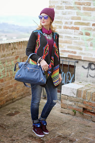 aztec print colorful cardigan, Oakley mirror sunglasses, Balenciaga City, Fashion and Cookies, fashion blogger