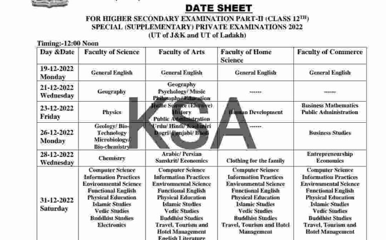 JKBOSE 12th Date Sheet 2022 Private, Jammu Kashmir & Ladakh