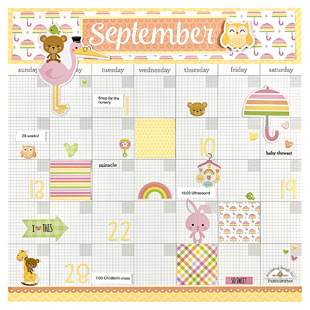 12x12 Pregnancy Calendar Scrapbook Page with a stork, an umbrella, an owl, and toys