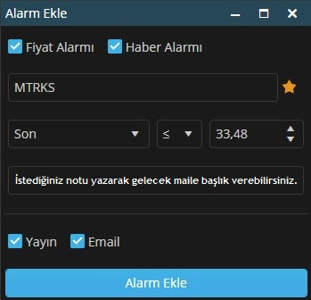 Matriks Web Trader Alarm Ekranı