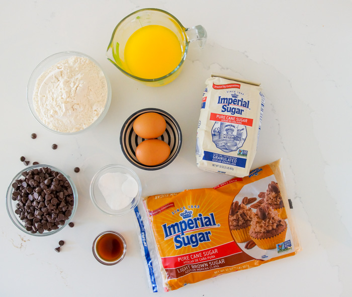 Chocolate Chip Candy Bar-Stuffed Cookies ingredients with imperial sugar