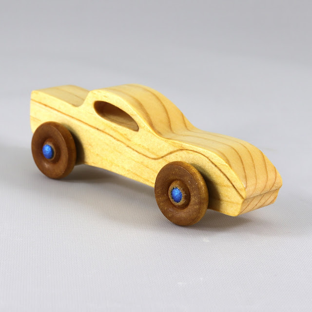 Wood Toy Car, Handmade and Finished with Beeswax, Amber Shellac, and Metallic Saphire Blue Acrylic Paint, Itty Bitty Coupe