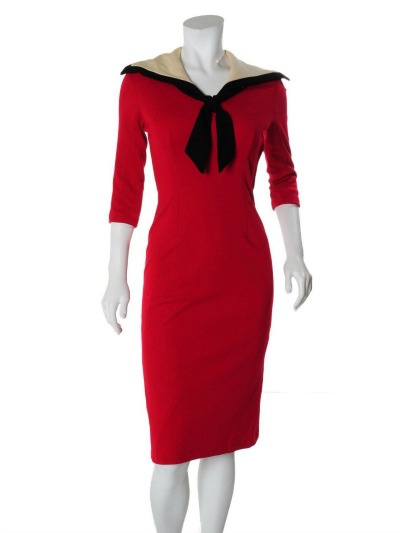 Red Wool Sheath Sailor Dress displayed on mannequin