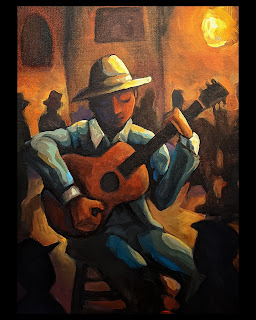 An acrylic painting by Chad Elliott, of a guitarist playing in a crowd.