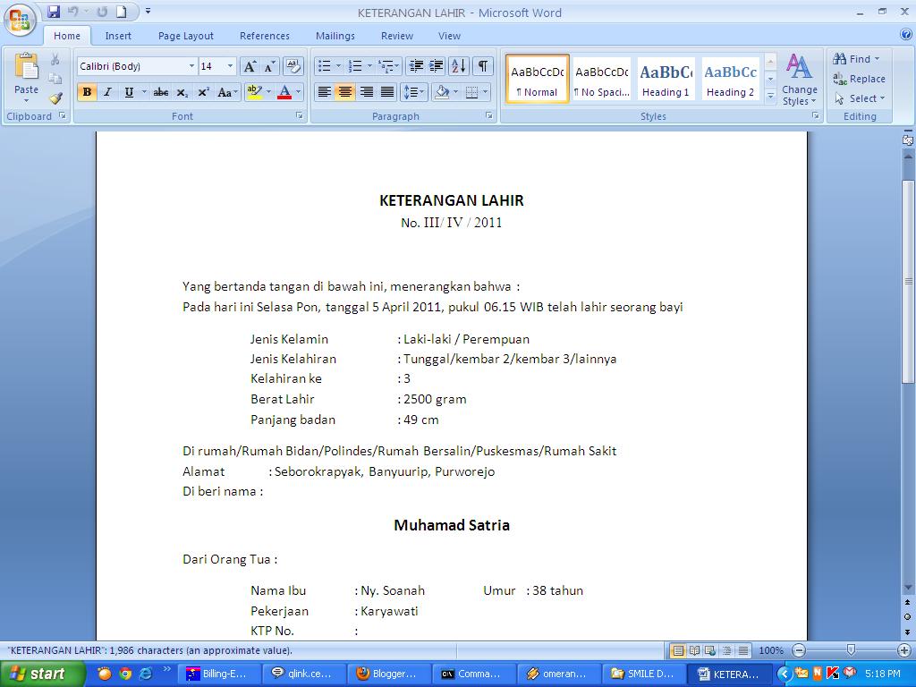 Contoh Surat Keterangan Kelahiran  contoh surat dan 