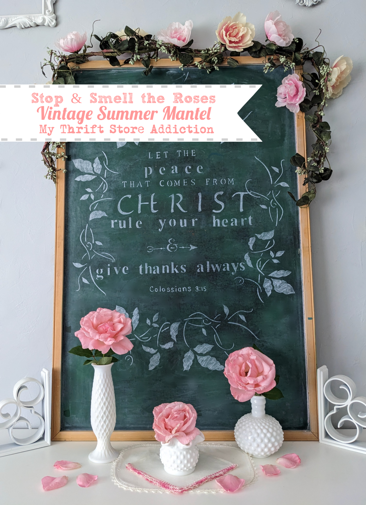 vintage summer roses mantel