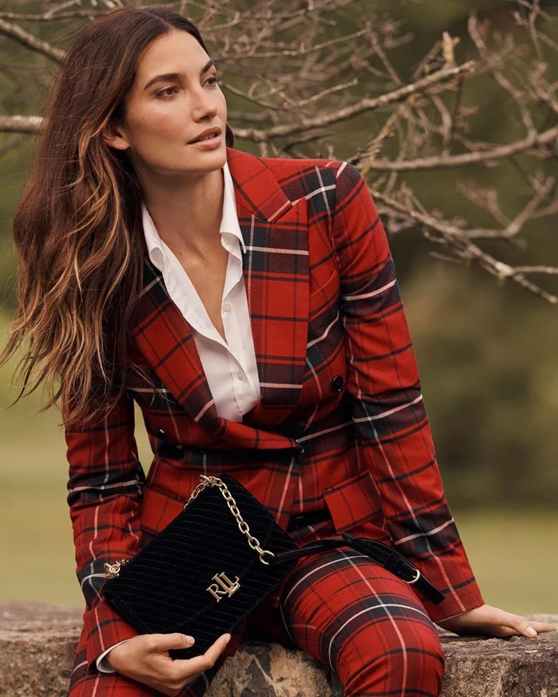 Lily Aldridge wears plaid blazer and trousers in Lauren Ralph Lauren Holiday 2019 campaign