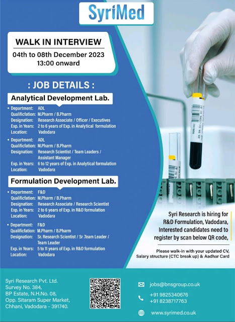 Syri Research Walk In Interview For ADL and F&D Department
