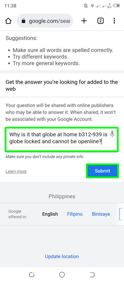 type your question to submit on google search android app