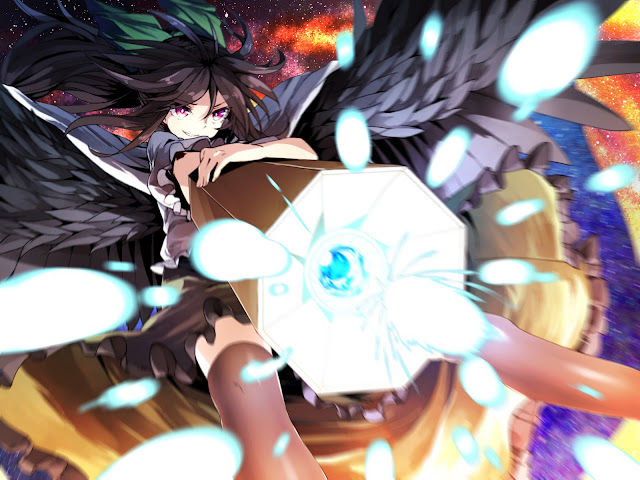   Anime Girl Black Feather Wing Smiling Cannon Particle HD Wallpaper Desktop Background