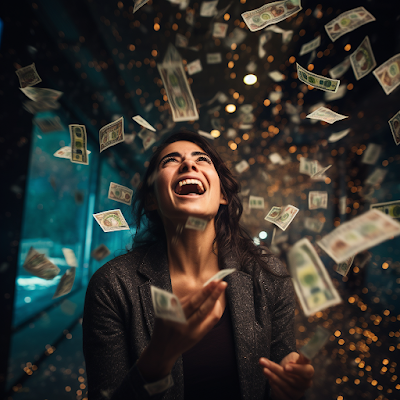 An image depicting someone celebrating their lottery win with confetti and a shower of money, symbolizing life-changing luck.